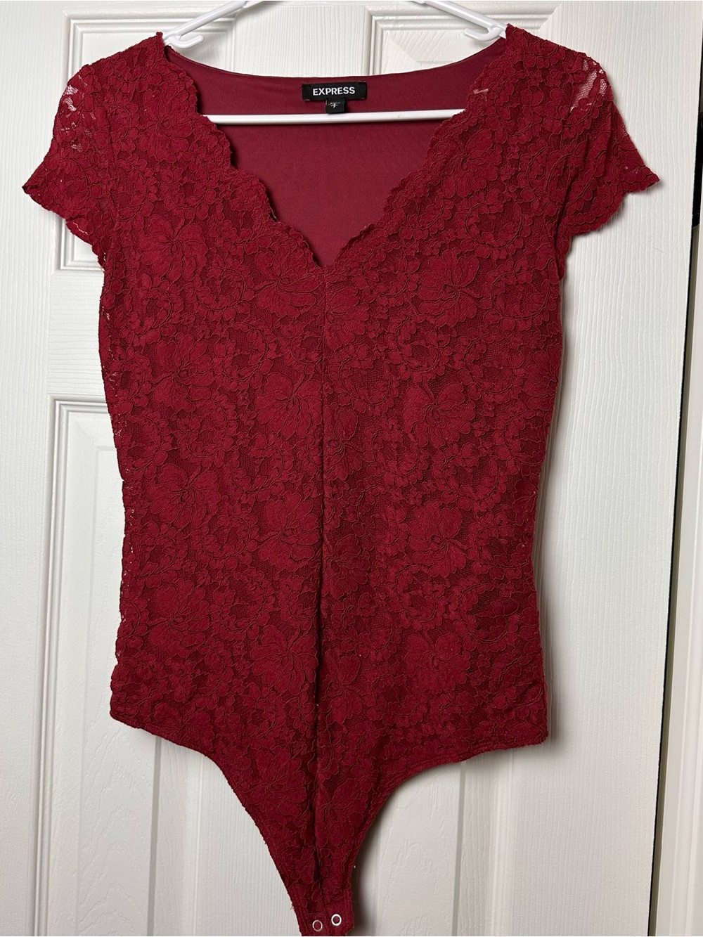 Express Burgundy Lace V-Neck Short Sleeve Bodysuit